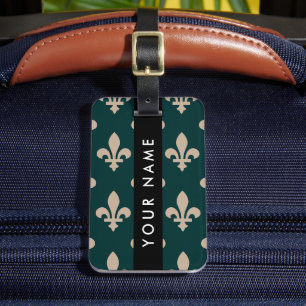 Fleur de Lis, Beige op Groen, Koninklijk, Uw Naam Bagagelabel
