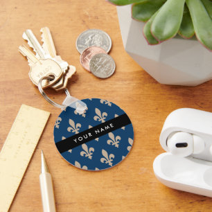 Fleur de Lis, Beige op Navy Blue, Koninklijk, Uw N Sleutelhanger