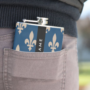Fleur de Lis, Beige op Navyblauw, Koninklijk, Uw N Heupfles
