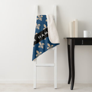 Fleur de Lis, Beige op Navyblauw, Koninklijk, Uw N Sherpa Deken