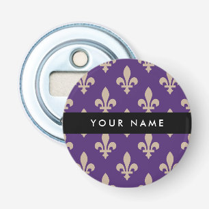 Fleur de Lis, Beige op Paars, Koninklijk, Uw Naam Button Flesopener