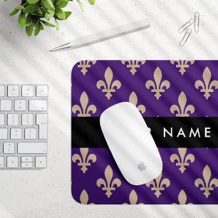 Fleur de Lis, Beige op Paars, Koninklijk, Uw Naam Muismat