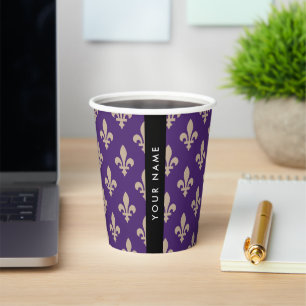 Fleur de Lis, Beige op Paars, Koninklijk, Uw Naam Papieren Bekers