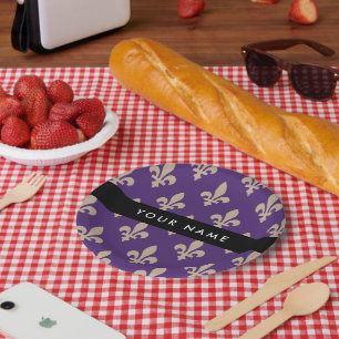 Fleur de Lis, Beige op Paars, Koninklijk, Uw Naam Papieren Bordje