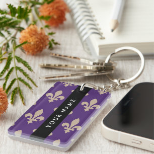 Fleur de Lis, Beige op Paars, Koninklijk, Uw Naam Sleutelhanger