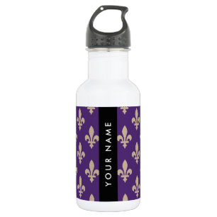 Fleur de Lis, Beige op Paars, Koninklijk, Uw Naam Waterfles