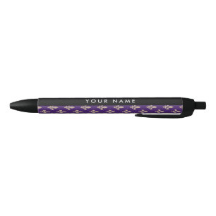 Fleur de Lis, Beige op Paars, Koninklijk, Uw Naam Zwarte Inkt Pen