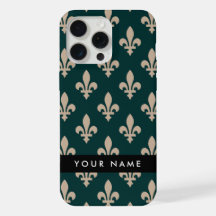 Fleur de Lis, Beige sur Vert, Royale, Votre Nom
