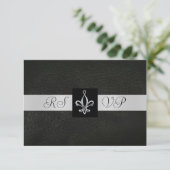 Fleur De Lis Black Leather RSVP Antwoord Uitnodigi (Staand voorkant)