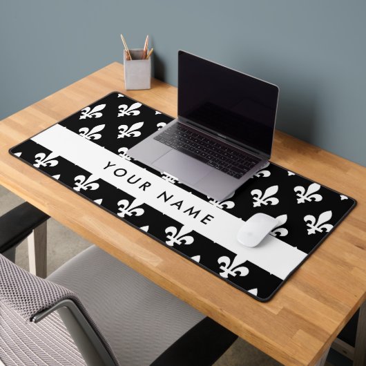 Fleur de Lis, Blanc sur Noir, Blanc, Votre Nom (Bureau 2)
