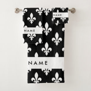 Fleur de Lis, Blanc sur Noir, Blanc, Votre Nom