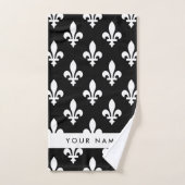 Fleur de Lis, Blanc sur Noir, Blanc, Votre Nom (Serviette à main)