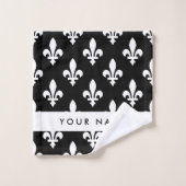 Fleur de Lis, Blanc sur Noir, Blanc, Votre Nom (Gant de toilette)