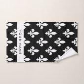 Fleur de Lis, Blanc sur Noir, Blanc, Votre Nom (Serviette à main)