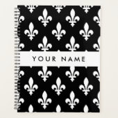 Fleur de Lis, Blanc sur Noir, Blanc, Votre Nom (Devant)