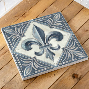 Fleur-De-Lis  Blauw Marmer en parel Tegeltje
