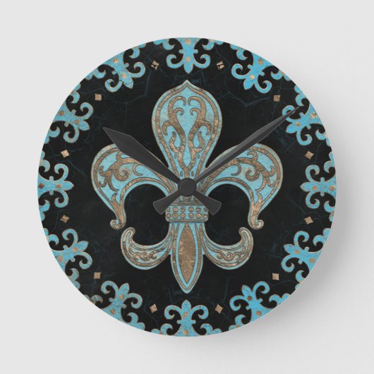 Fleur-de-lis Blauwgroen en Gold Ronde Klok (Voorkant)