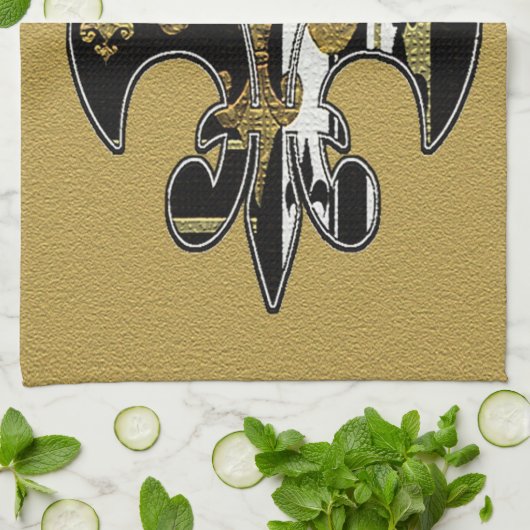 Fleur de lis bling serviette noire, blanche et or (Plié)