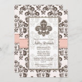 Fleur de Lis Bridal Shower Invitations Pink Brown Kaart (Voorkant / Achterkant)