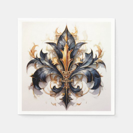 Fleur de lis Cocktail servet Zwart en Goud (Voorkant)