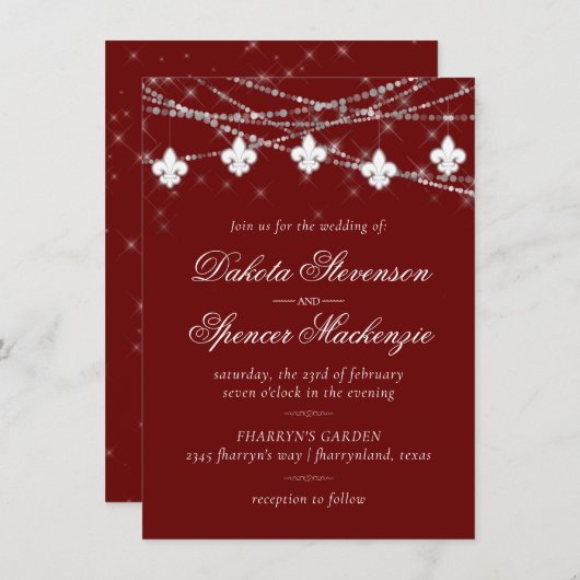 Fleur de Lis Dark Red Lights | Krimson Wedding Kaart (Voorkant / Achterkant)