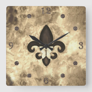 Fleur-de-Lis-decor  Sepia Beige Brown Butterfly Vierkante Klok