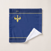 Fleur de Lis dorée & monogramme sur fond bleu mari (Gant de toilette)