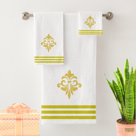 Fleur de lis dorée, trois bandes sur fond blanc