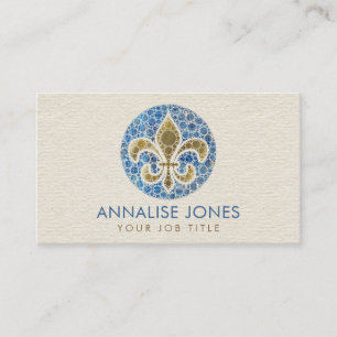 Fleur de lis - Dot Art Blue Marble and Gold Visitekaartje