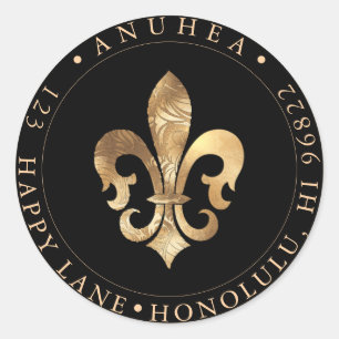 FLEUR DE LIS   FAUX GOLD DAMASK RONDE STICKER