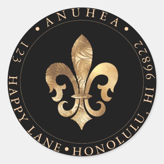 FLEUR DE LIS | FAUX GOLD DAMASK RONDE STICKER (Voorkant)