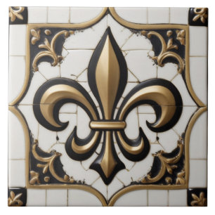 Fleur de Lis Faux Relief Zwart Wit Goud Tegeltje