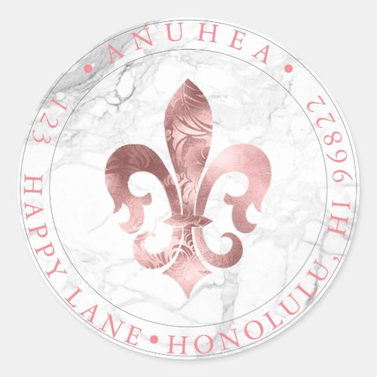FLEUR DE LIS | FAUX ROOS GOLD DAMASK RONDE STICKER (Voorkant)