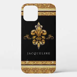 Fleur de Lis Gold Glitter Black Elegant French iPhone 12 Pro Hoesje
