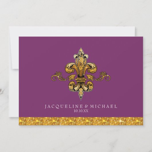 Fleur de Lis Gold Paarse Elegant Formal Wedding Kaart (Voorkant)