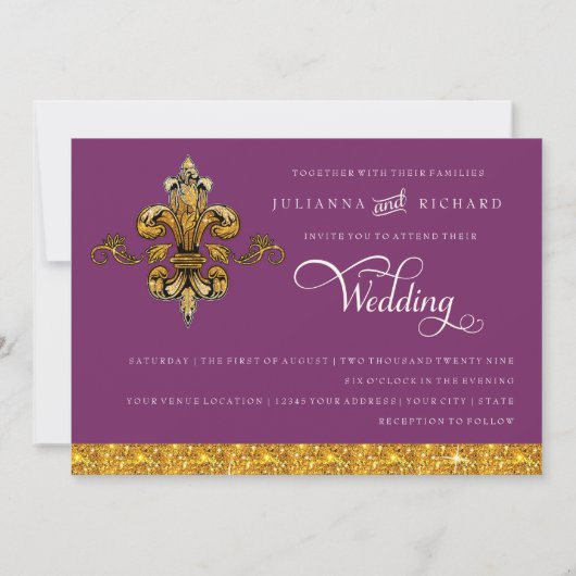 Fleur de Lis Gold Paarse Elegant Formal Wedding Kaart (Achterkant)