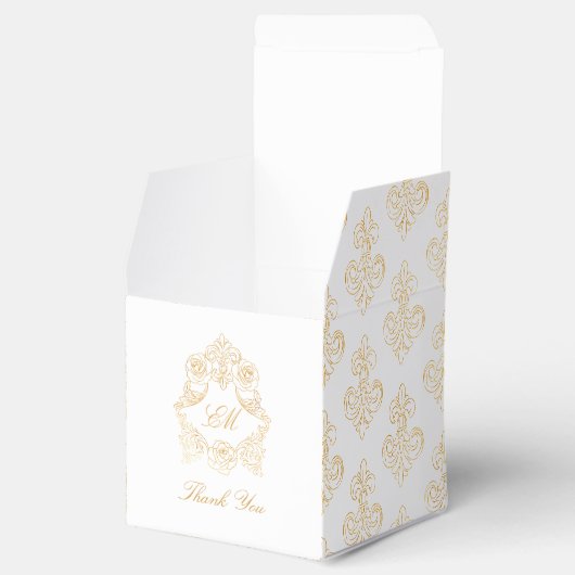 Fleur de Lis Goud patroon - Rococo Crest Bruiloft Bedankdoosjes (Geopend)