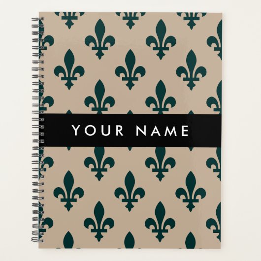 Fleur de Lis, Green on Beige, Royal, Your Name Planner (Voorkant)