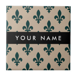 Fleur de Lis, Green on Beige, Royal, Your Name Tegeltje