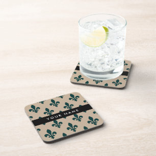 Fleur de Lis, Groen op Beige, Koninklijk, Uw Naam Bier Onderzetter