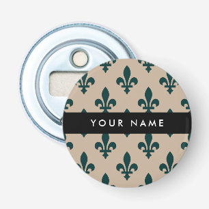 Fleur de Lis, Groen op Beige, Koninklijk, Uw Naam Button Flesopener