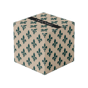 Fleur de Lis, Groen op Beige, Koninklijk, Uw Naam Kubus
