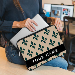 Fleur de Lis, Groen op Beige, Koninklijk, Uw Naam Laptop Sleeve