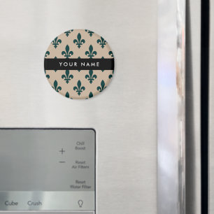 Fleur de Lis, Groen op Beige, Koninklijk, Uw Naam Magneet