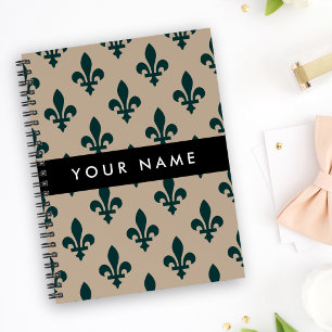 Fleur de Lis, Groen op Beige, Koninklijk, Uw Naam Notitieboek