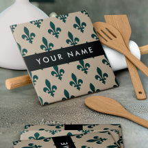 Fleur de Lis, Groen op Beige, Koninklijk, Uw Naam