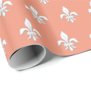 Fleur de Lis in White op Light Coral Pink / Peach Cadeaupapier