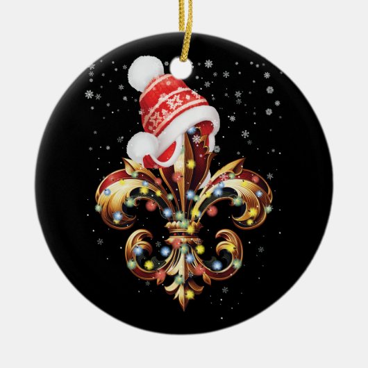 Fleur de Lis kerstversiering met kerstmuts XMA Keramisch Ornament (Voorkant)