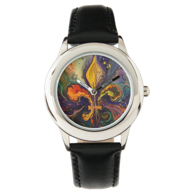 Fleur de Lis Kleurrijke Mardi Gras Horloge (Voorkant)