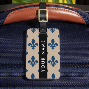 Fleur de Lis, Marineblauw op Beige, Koninklijk, Uw Bagagelabel